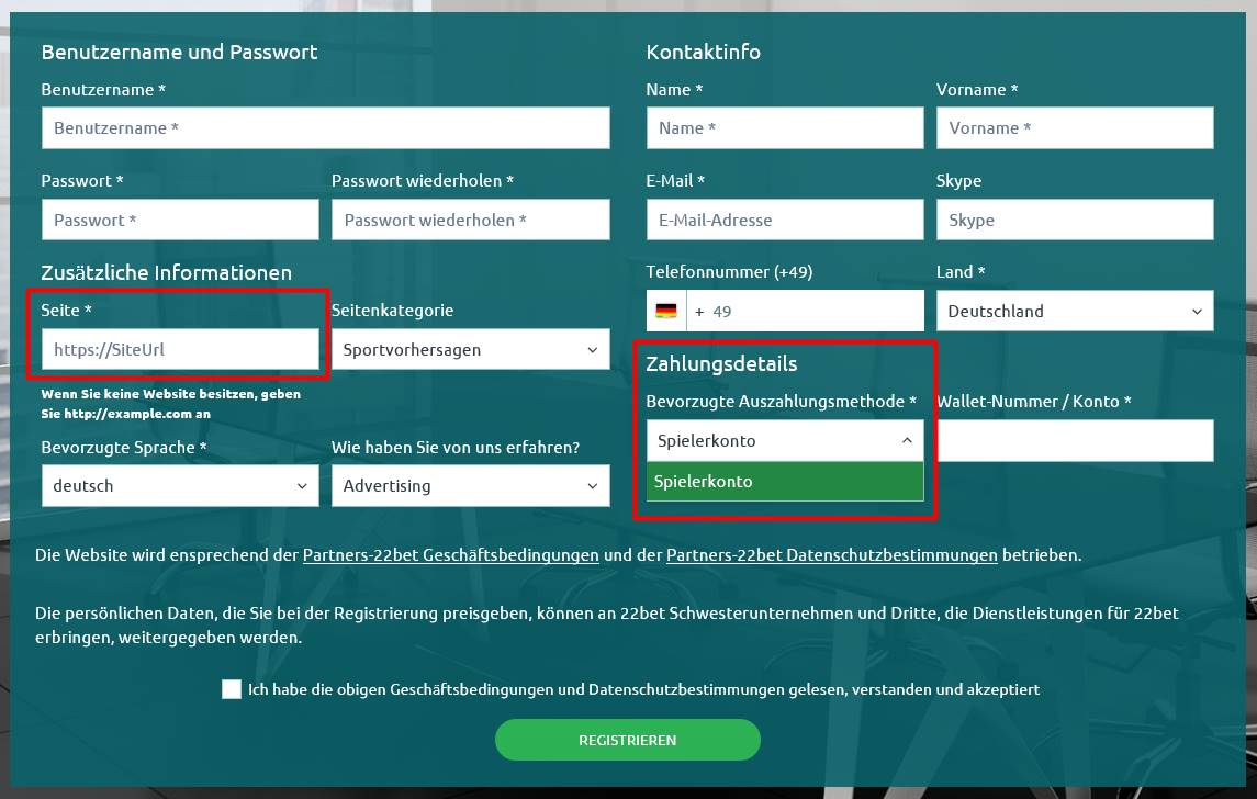 Das Anmeldeformular für das Partnerprogramm