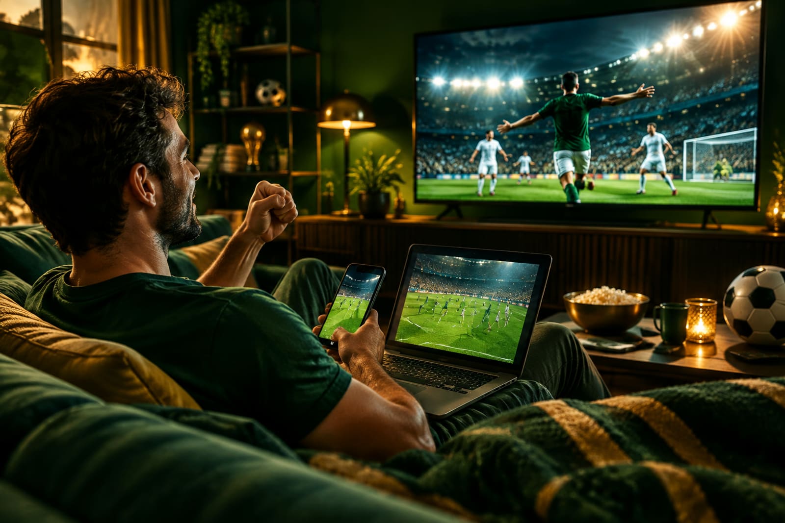 Fan mit Smartphone vor dem Fernseher