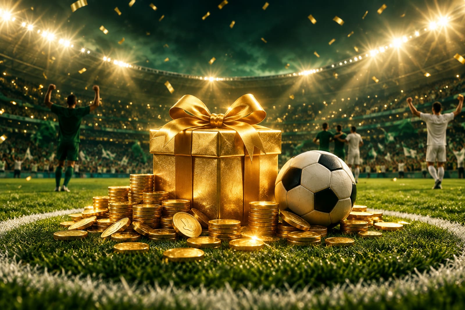 Geschenkbox und Goldmünzen auf dem Rasen