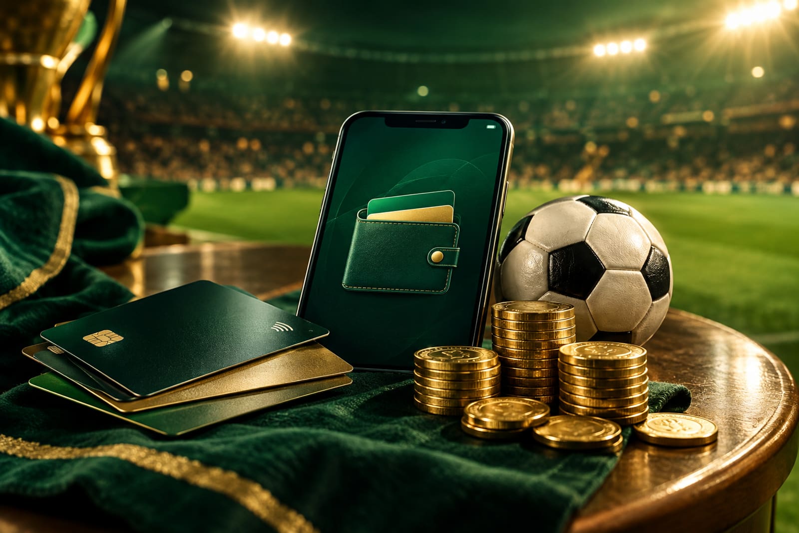 Karten, Smartphone und Münzen neben einem Fußball