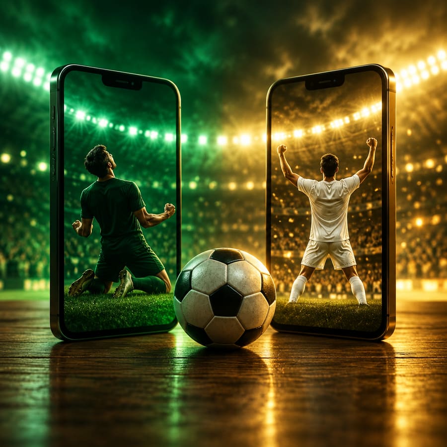 Zwei Smartphones neben einem kleinen Fußball