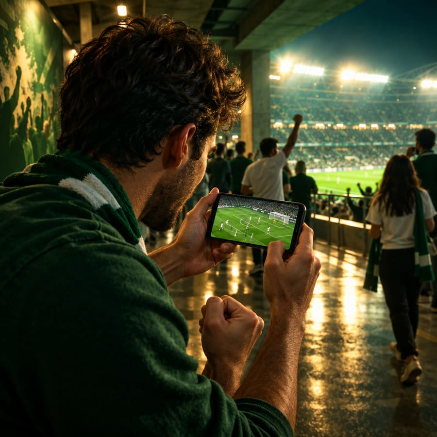 Fan schaut ein Spiel auf dem Smartphone im Stadion