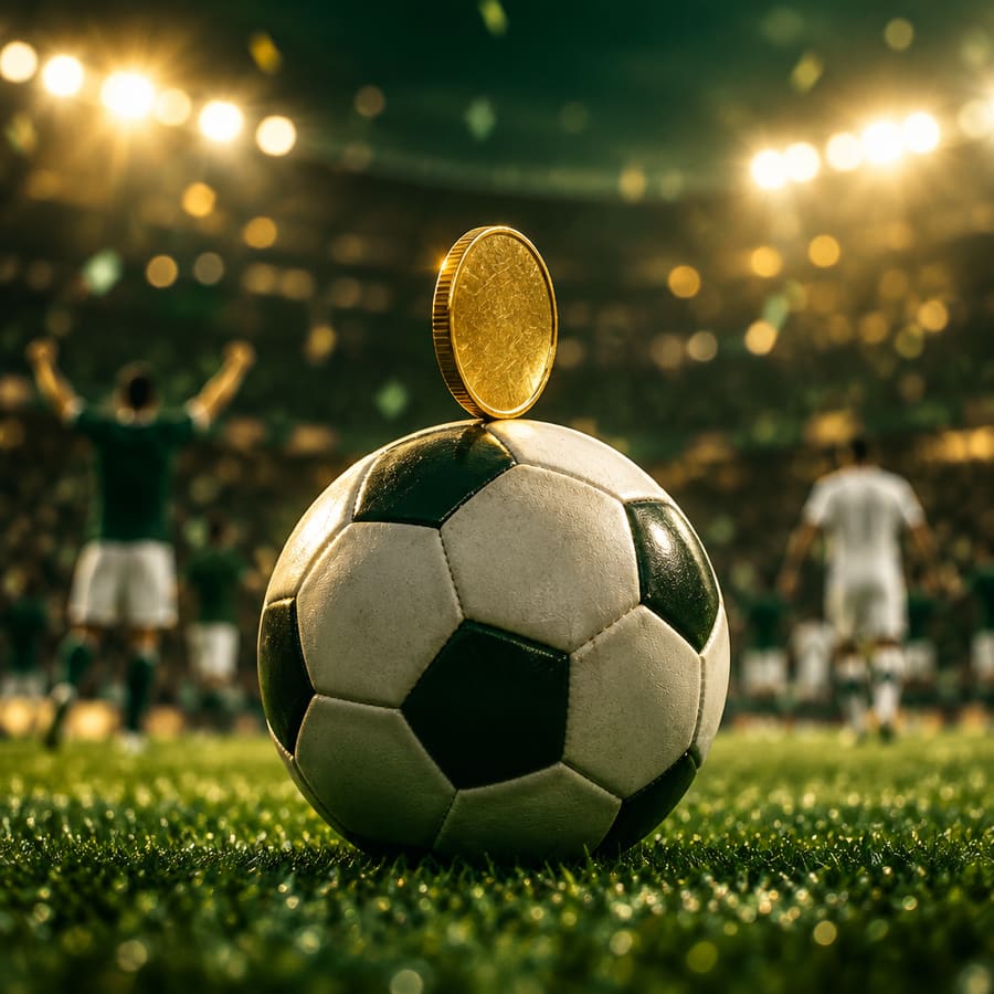 Goldmünze auf einem Fußball