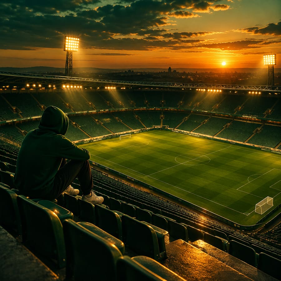 Einsame Person auf der Tribüne bei Sonnenuntergang