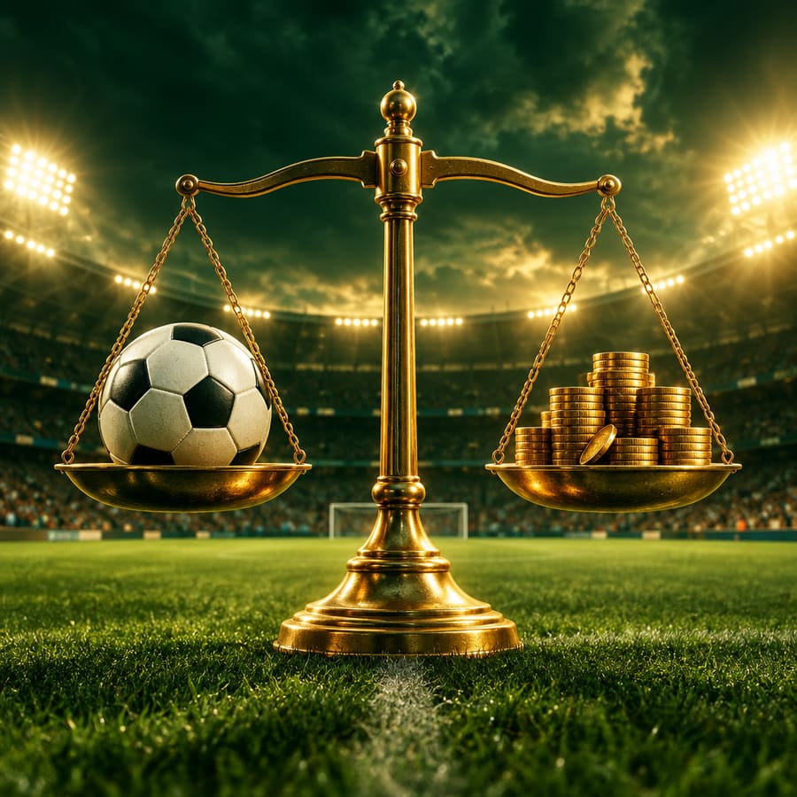 Goldene Waage mit Fußball und Münzen